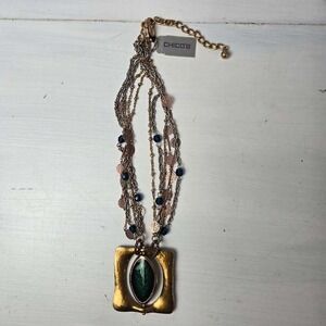 Chicos Multi Strand Statement Pendant Necklace Mixed Metal Blue Bead Green NWT